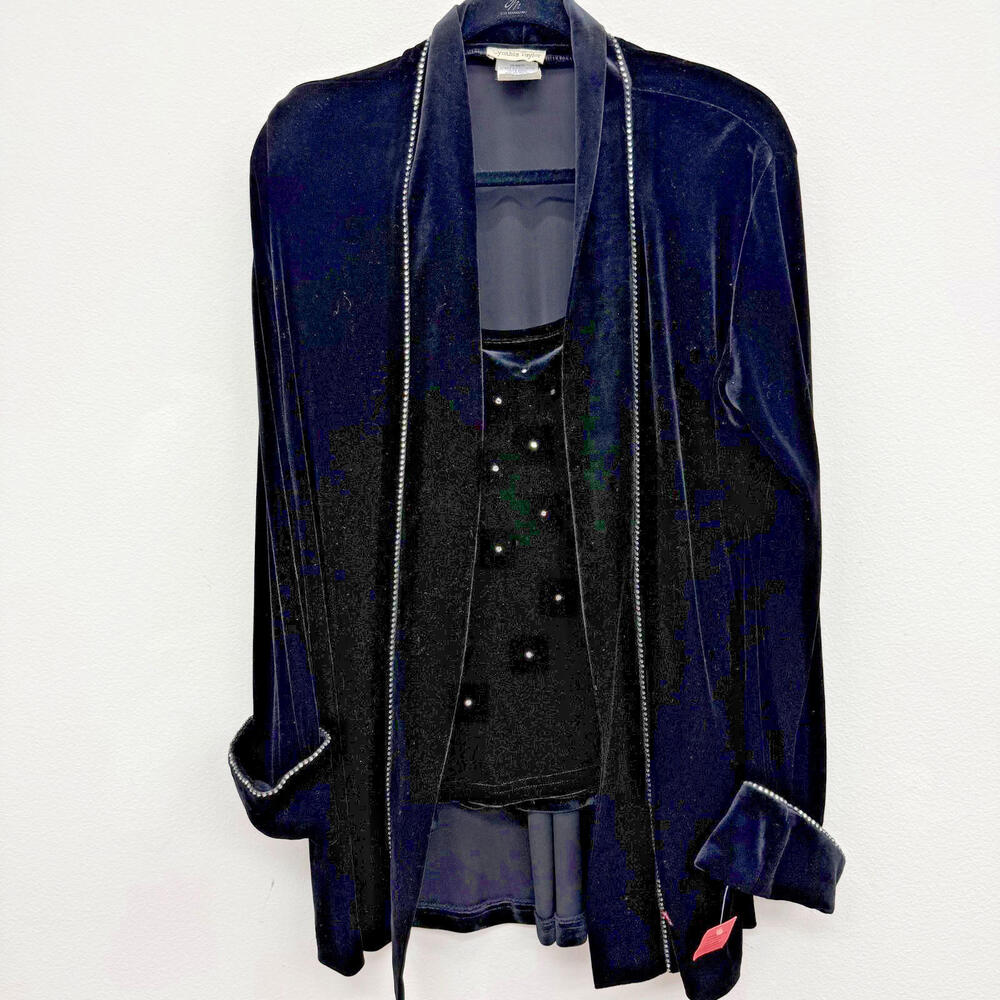 Cynthia Taylor Two Piece Set Black Velvet w/ Rhinestones Tank 1X and Jacket Lg
